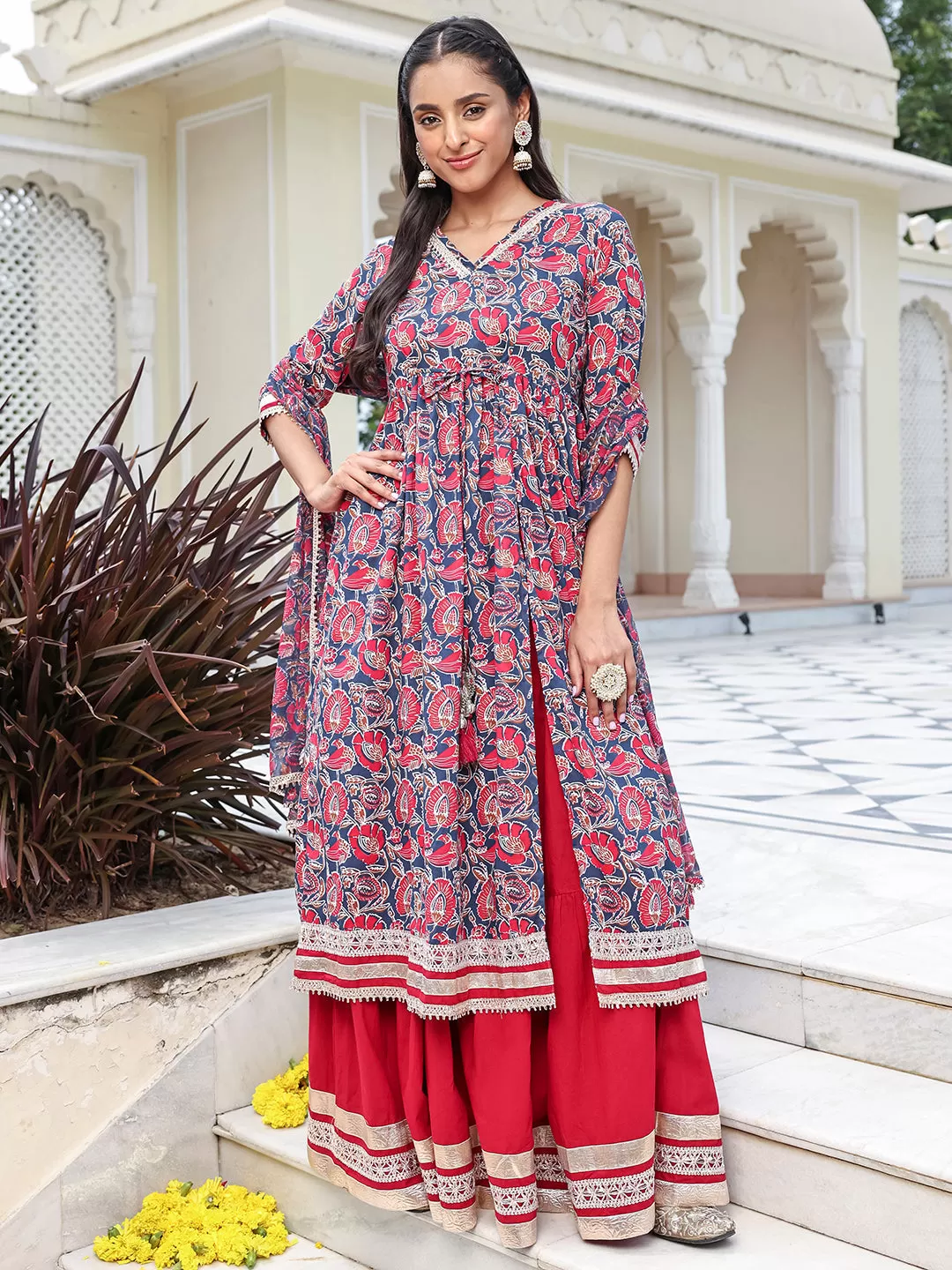 Blue Cotton Floral Printed Kurta with Skirt and Dupatta