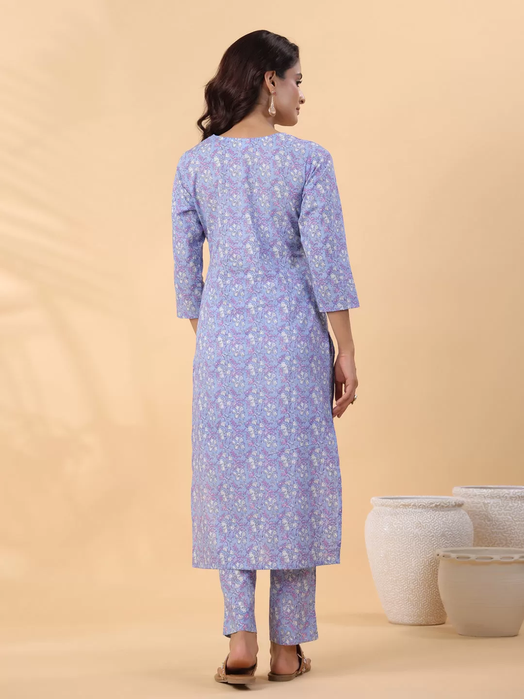 Blue Cotton Floral Regular Kurta Set