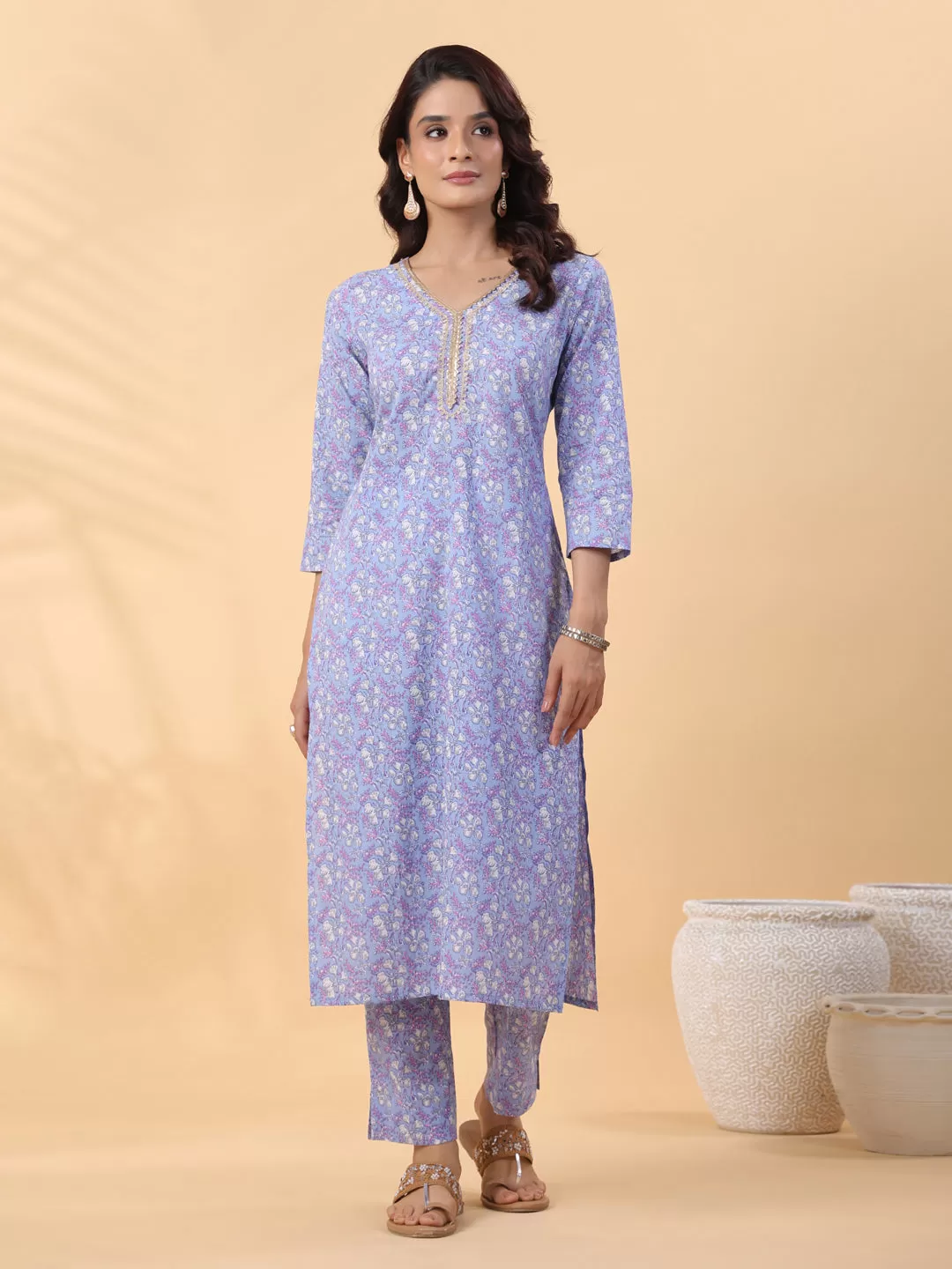 Blue Cotton Floral Regular Kurta Set