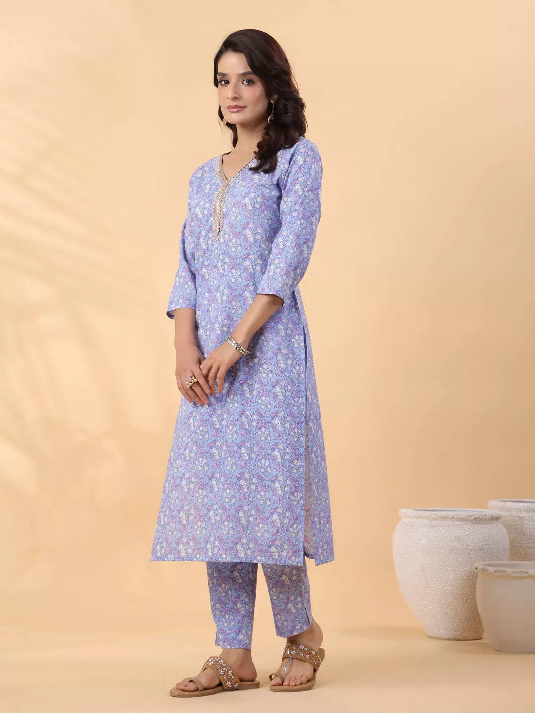 Blue Cotton Floral Regular Kurta Set