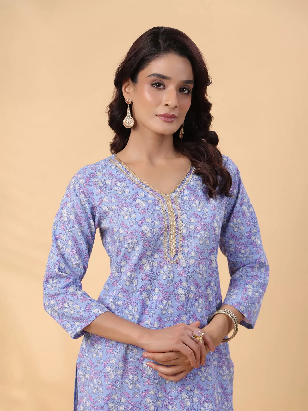 Blue Cotton Floral Regular Kurta Set