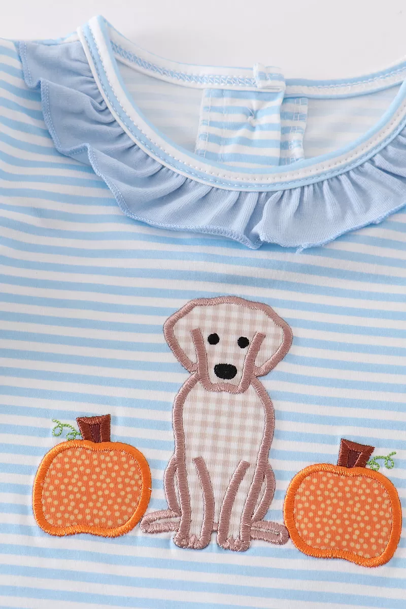 Blue stripe dog pumpkin applique girl romper