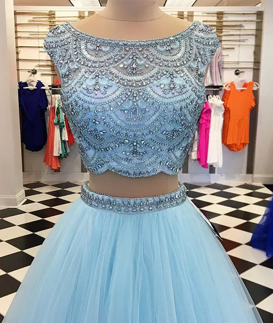 Blue two pieces tulle blue long prom dress, blue tulle evening dress