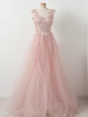 Blush Pink Lace Tulle A-line Prom Evening Dresses