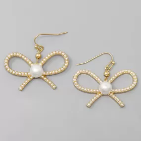 Bow Ribbon Pearl Embellished Earrings