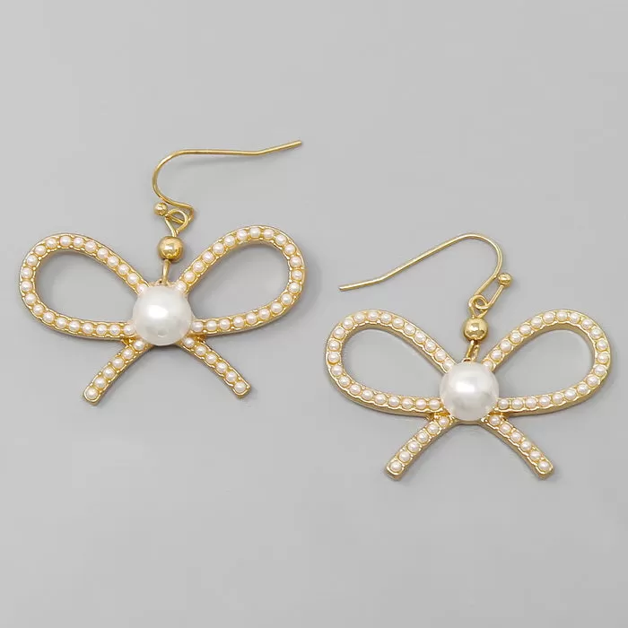 Bow Ribbon Pearl Embellished Earrings