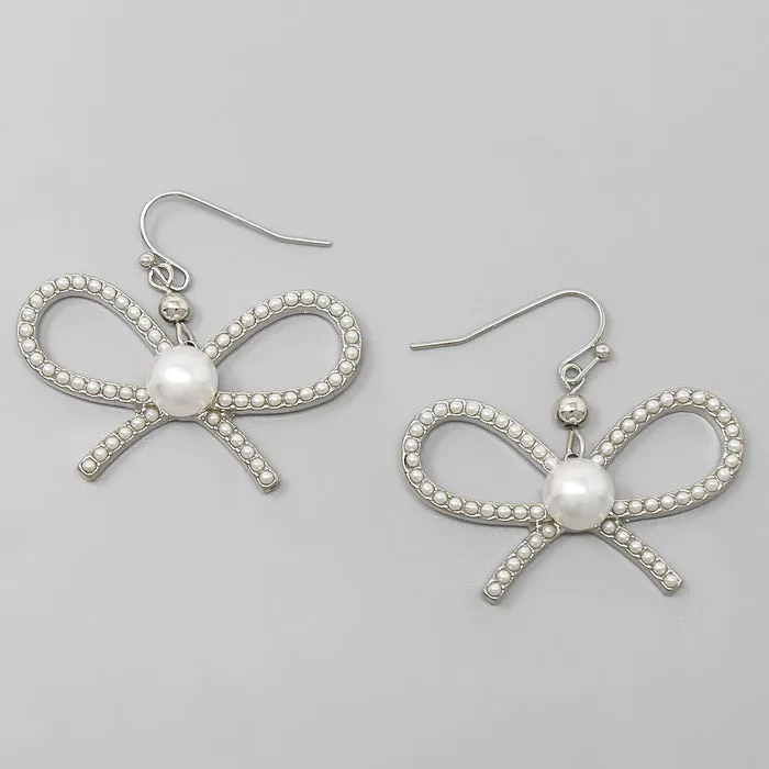 Bow Ribbon Pearl Embellished Earrings