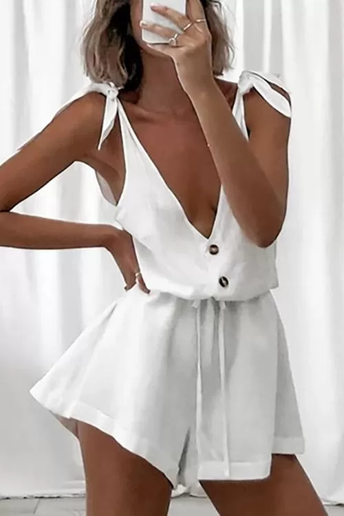 Bow Tie Drawstring V Neck Romper