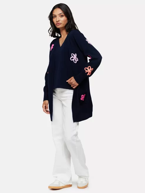 Brodie Cashmere Flower Pop Cardi Navy/Barbie Pink Multi