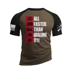 BULLETS ALL FASTER THAN DIALING 911 RAGLAN GRAPHIC TEE