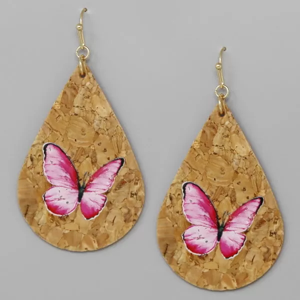 Butterfly Print Cork Teardrop Earrings