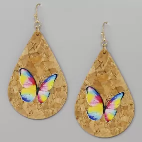 Butterfly Print Cork Teardrop Earrings