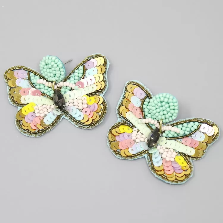 Butterfly Sequin & Seed Beaded Drop Earrings