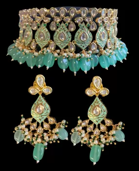 C221 Shagun choker earrings in green ( kundan  with meenakari)  (READY TO SHIP )