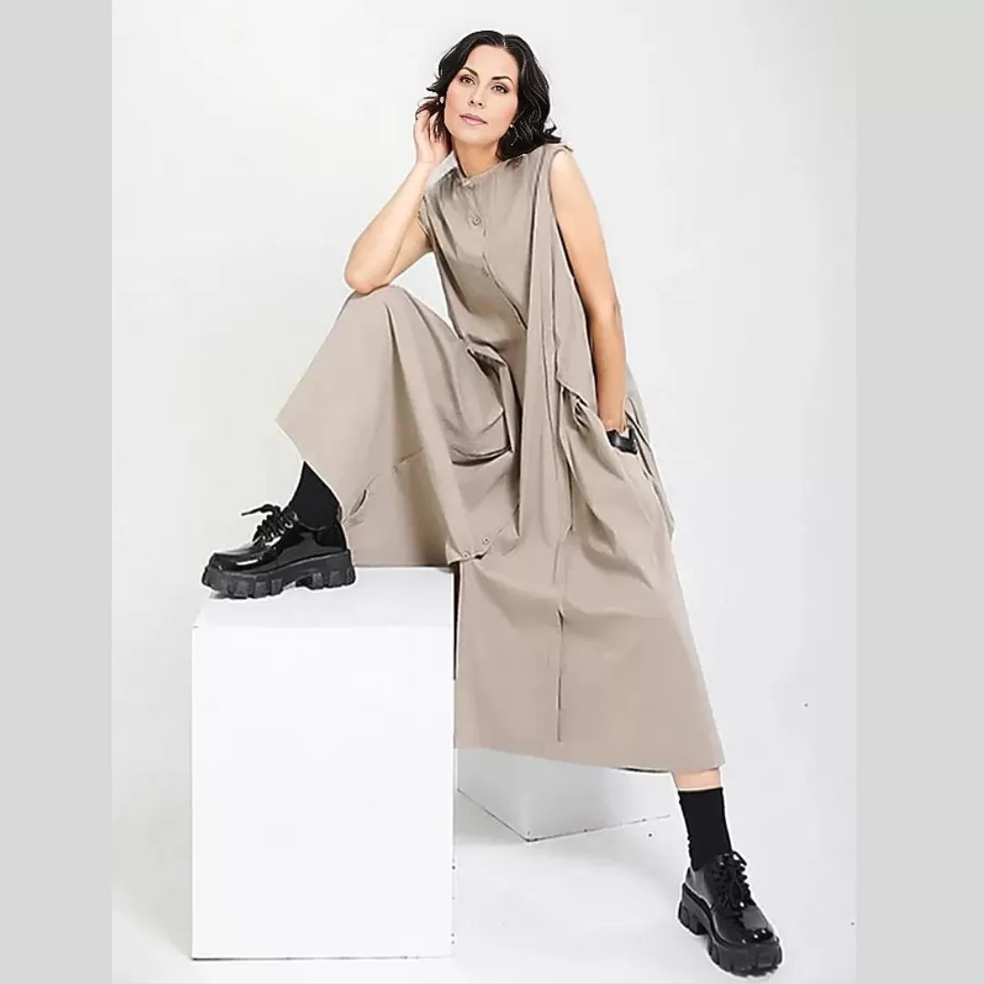 Cargo Style Sleeveless Khaki Dress