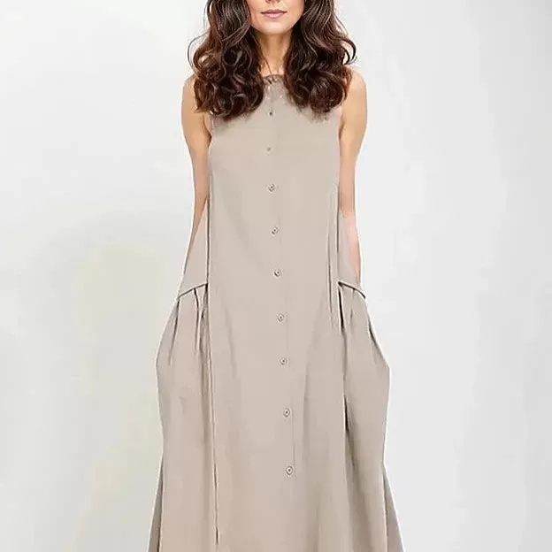 Cargo Style Sleeveless Khaki Dress