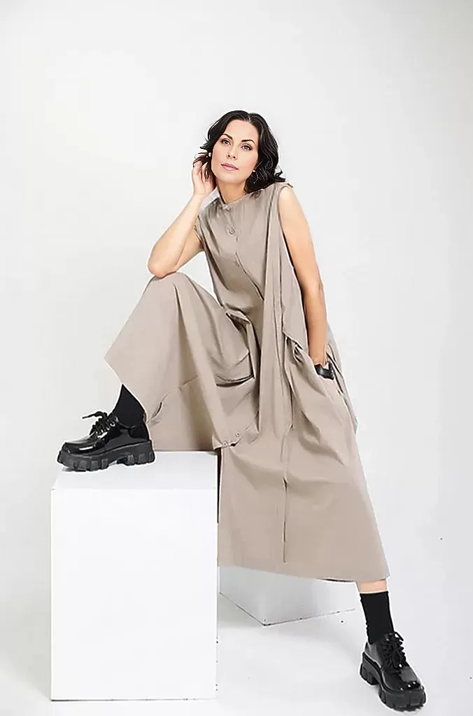 Cargo Style Sleeveless Khaki Dress