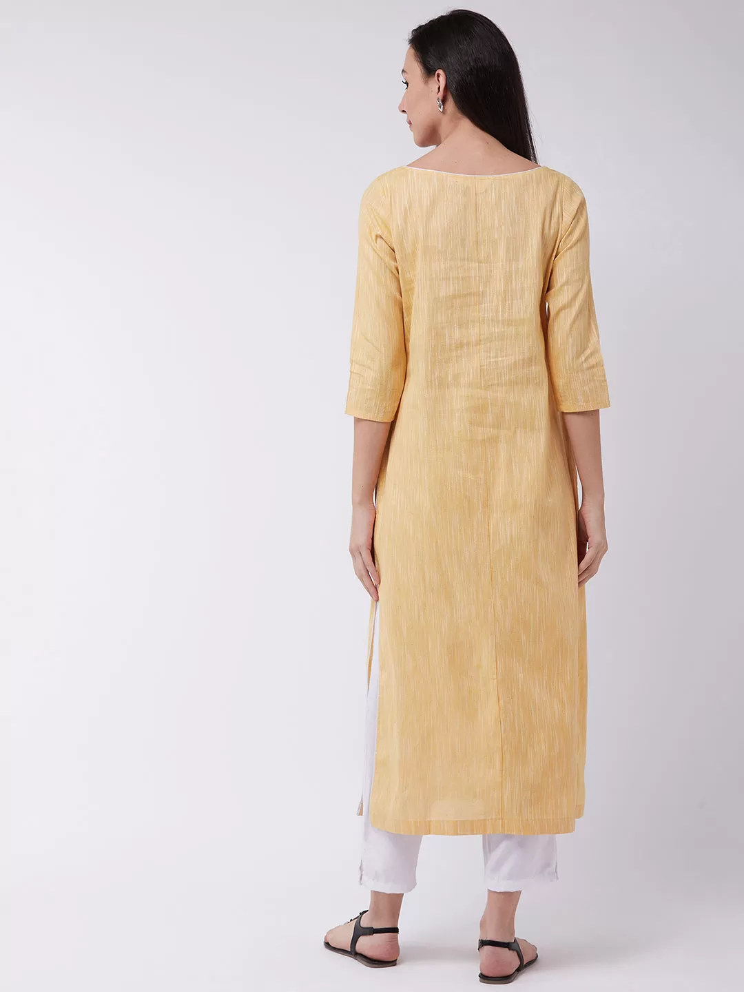 Chambray Embroidered Kurta With Pintuck Yoke