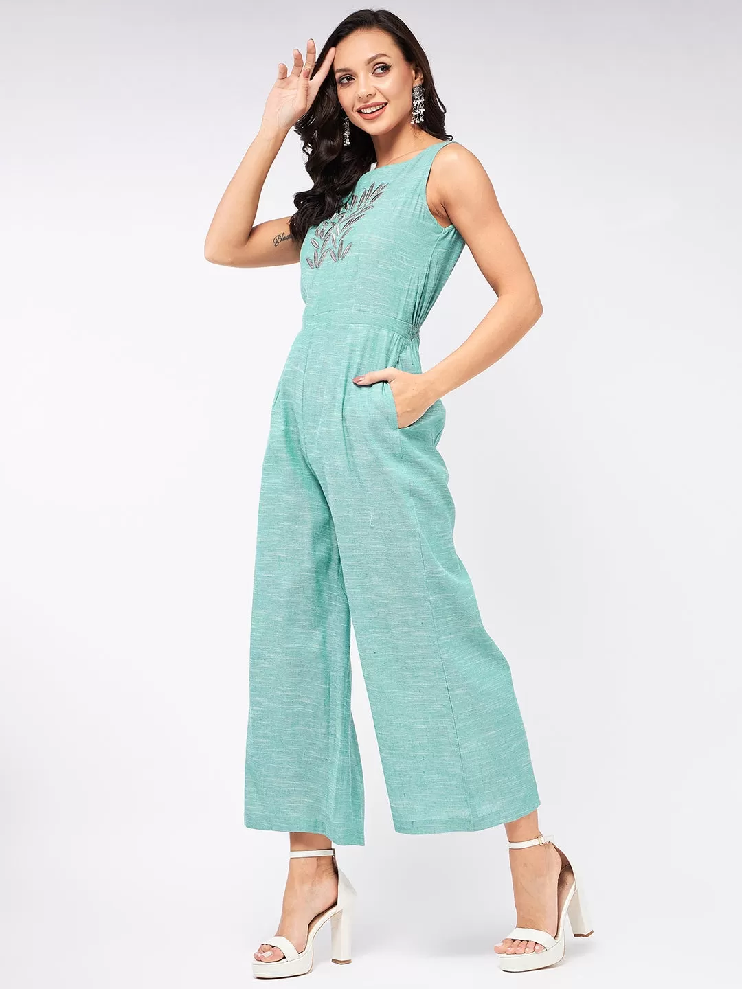 Chambray Front Embroidered Jumpsuit