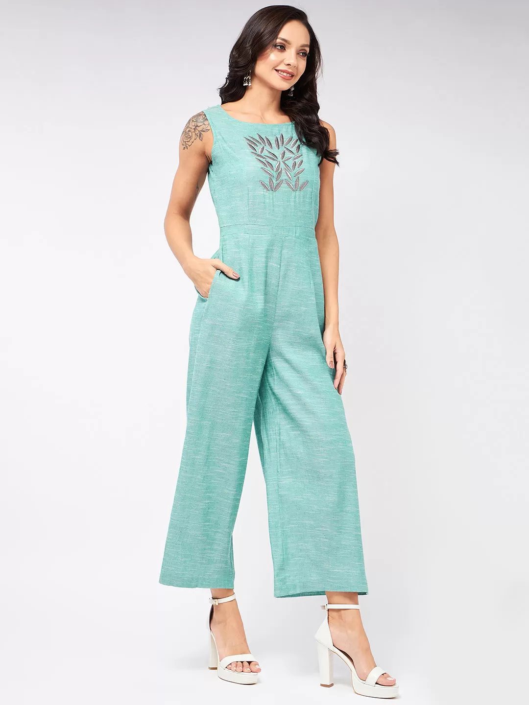 Chambray Front Embroidered Jumpsuit