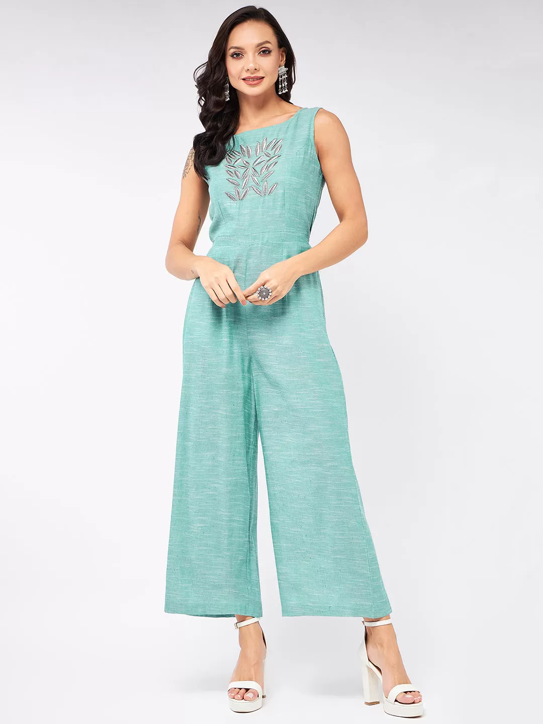 Chambray Front Embroidered Jumpsuit