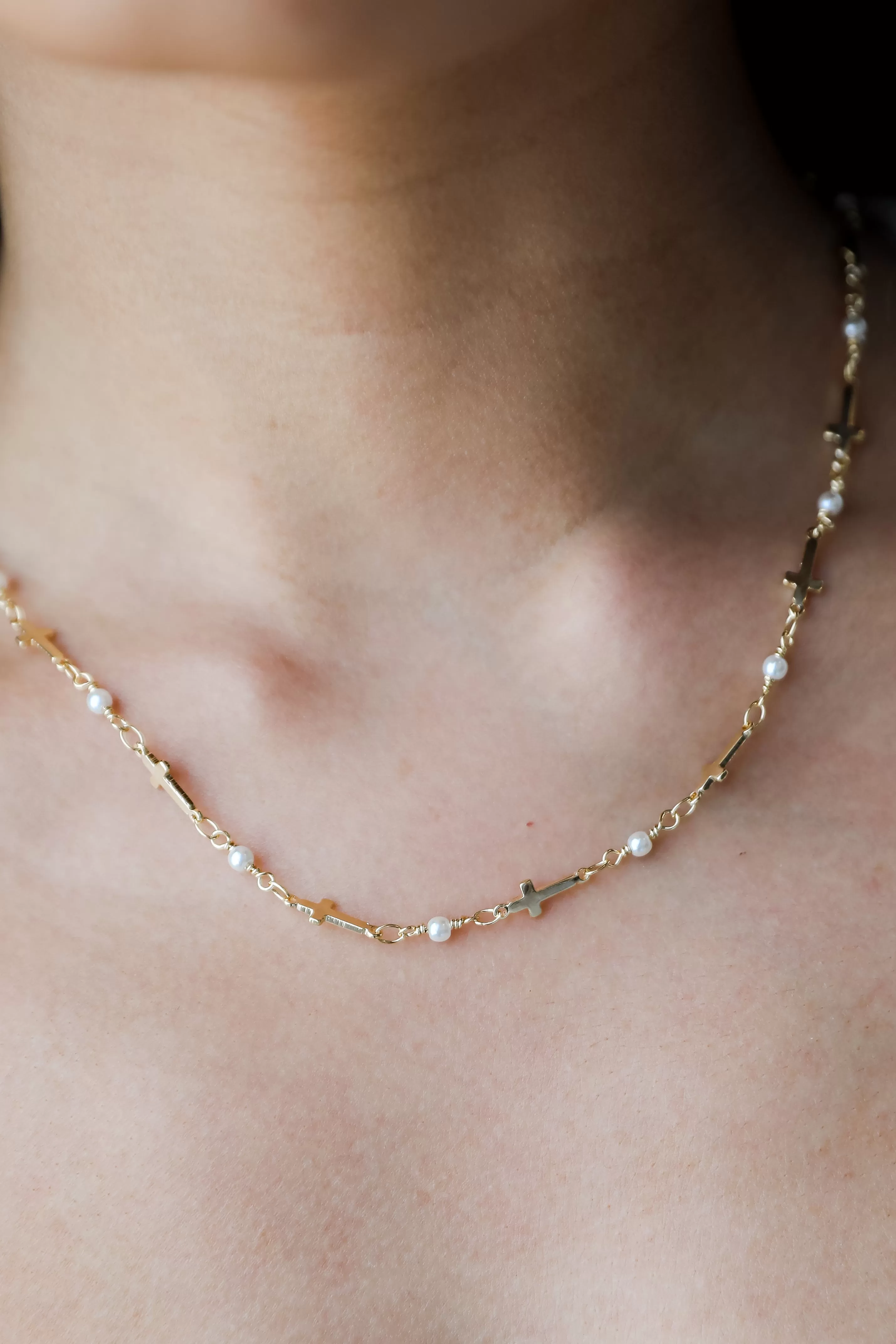 Charlotte Gold Cross   Pearl Chain Necklace