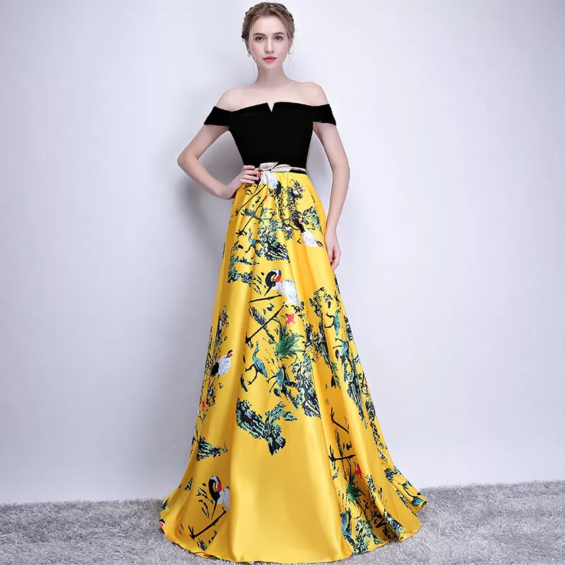 Chic A Line Yellow Prom Dress Off The Shoulder Floral Cheap Long Prom Dress ER580