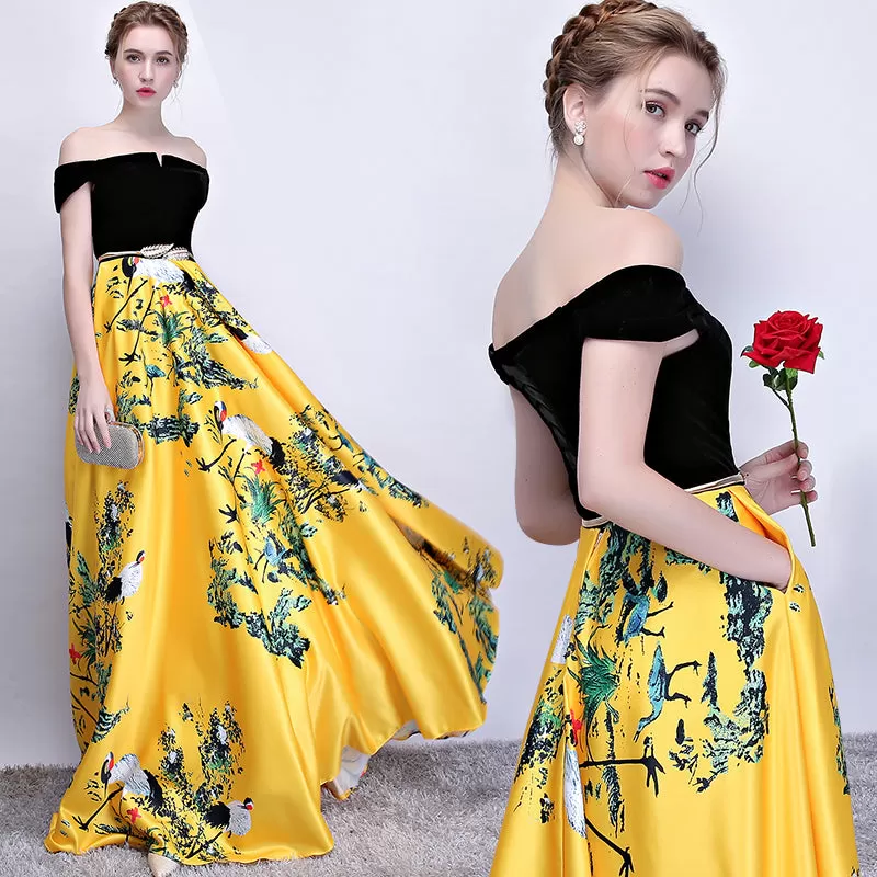 Chic A Line Yellow Prom Dress Off The Shoulder Floral Cheap Long Prom Dress ER580