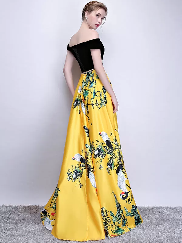 Chic A Line Yellow Prom Dress Off The Shoulder Floral Cheap Long Prom Dress ER580