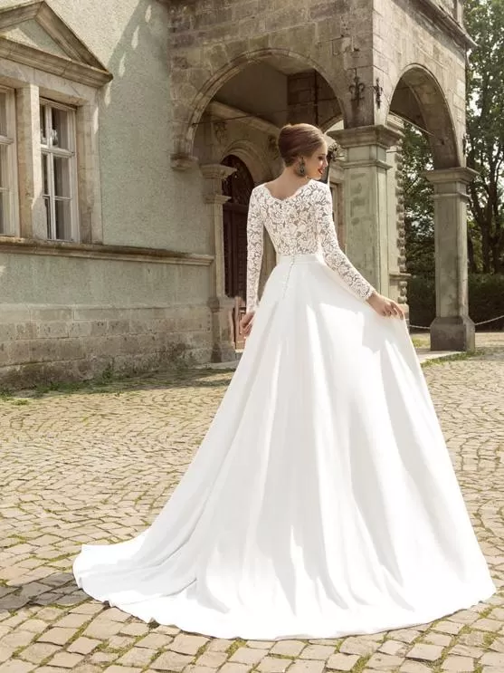 Chic Chiffon Ivory Wedding Dress Long Sleeve V Neck Cheap Wedding Dress #ER155