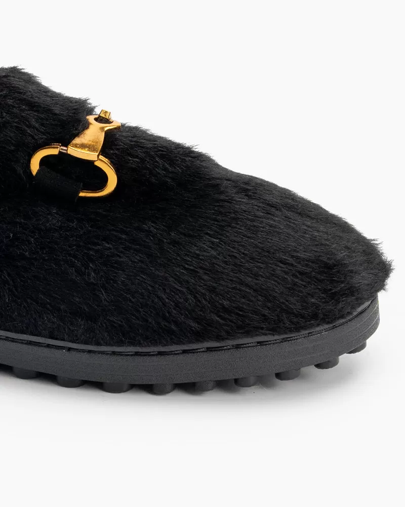 Classic Metal Buckle Furry Plush Flat Winter Warm Slippers Loafers