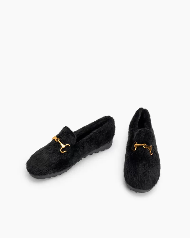 Classic Metal Buckle Furry Plush Flat Winter Warm Slippers Loafers