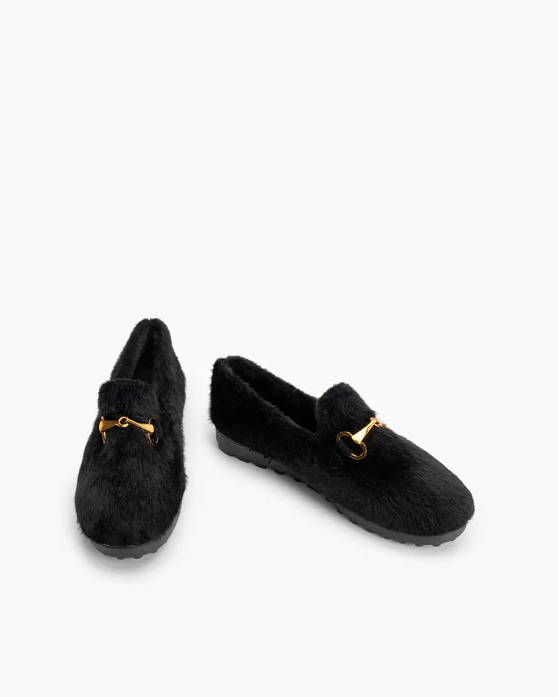 Classic Metal Buckle Furry Plush Flat Winter Warm Slippers Loafers