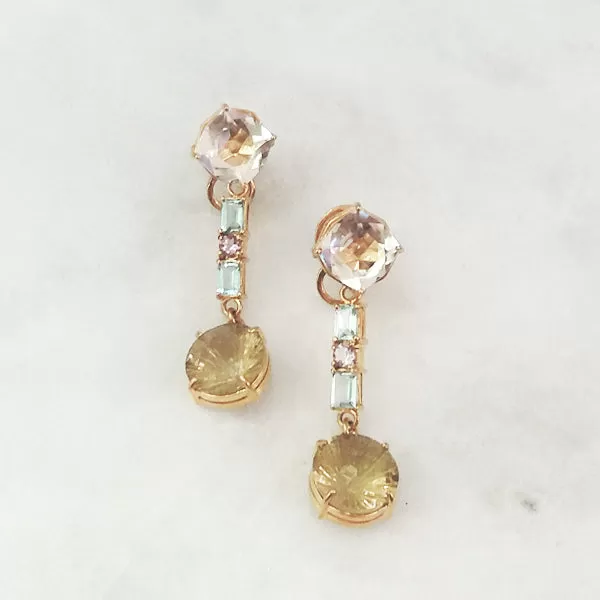 Clear Quartz Stud with Blue Topaz, Amethyst & Lemon Quartz Twinset Earrings