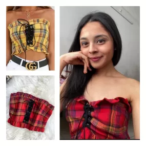 Client Shreya In Our Plaid Lace Up Crop Top