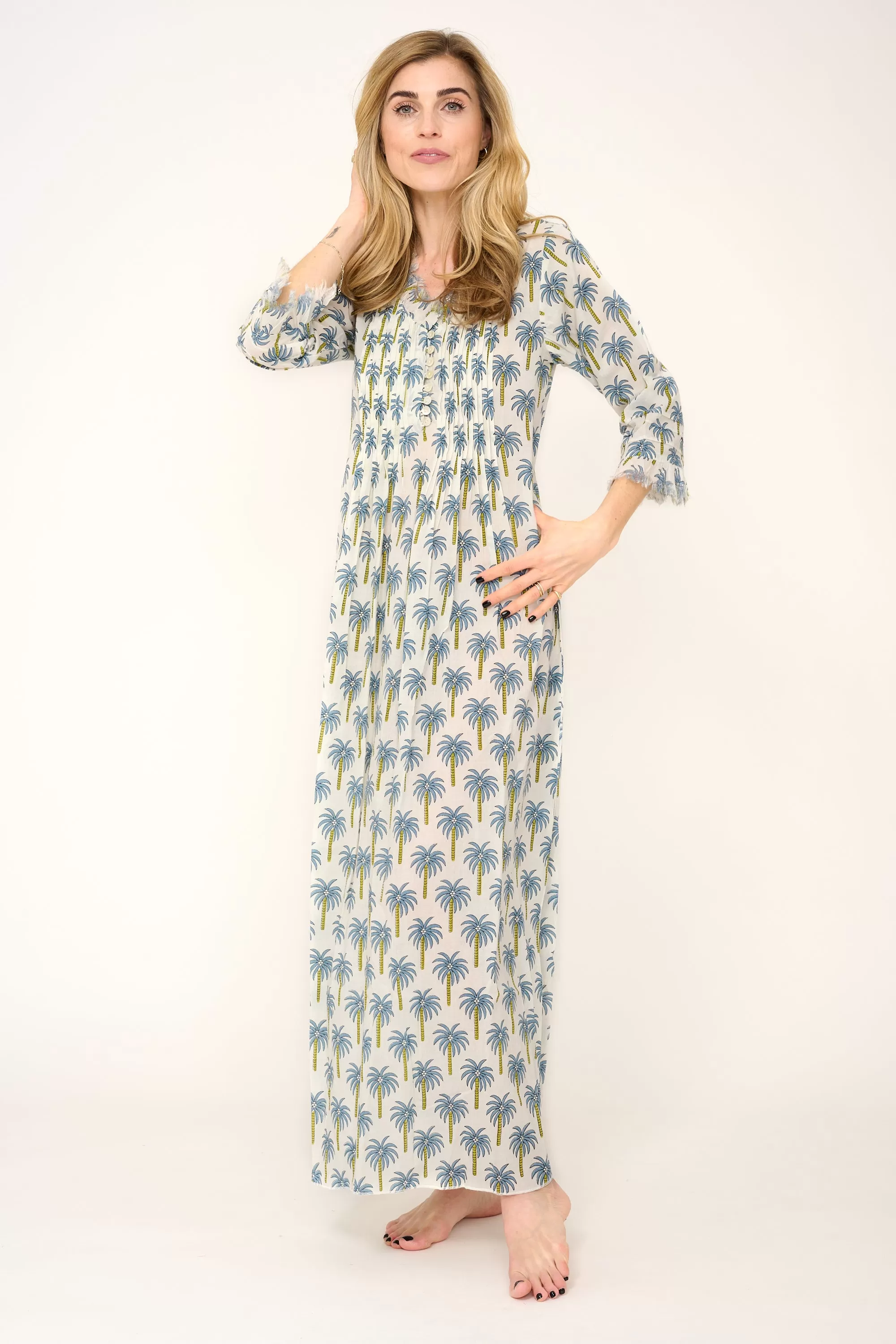 Cotton Annabel Maxi Dress in White with Blue Palm