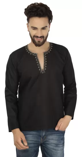 Cotton Dress Mens Short Kurta Shirt Indian Fashion Clothing (Black)