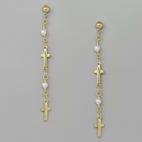 Cross & Pearl Station Dangle Earrings