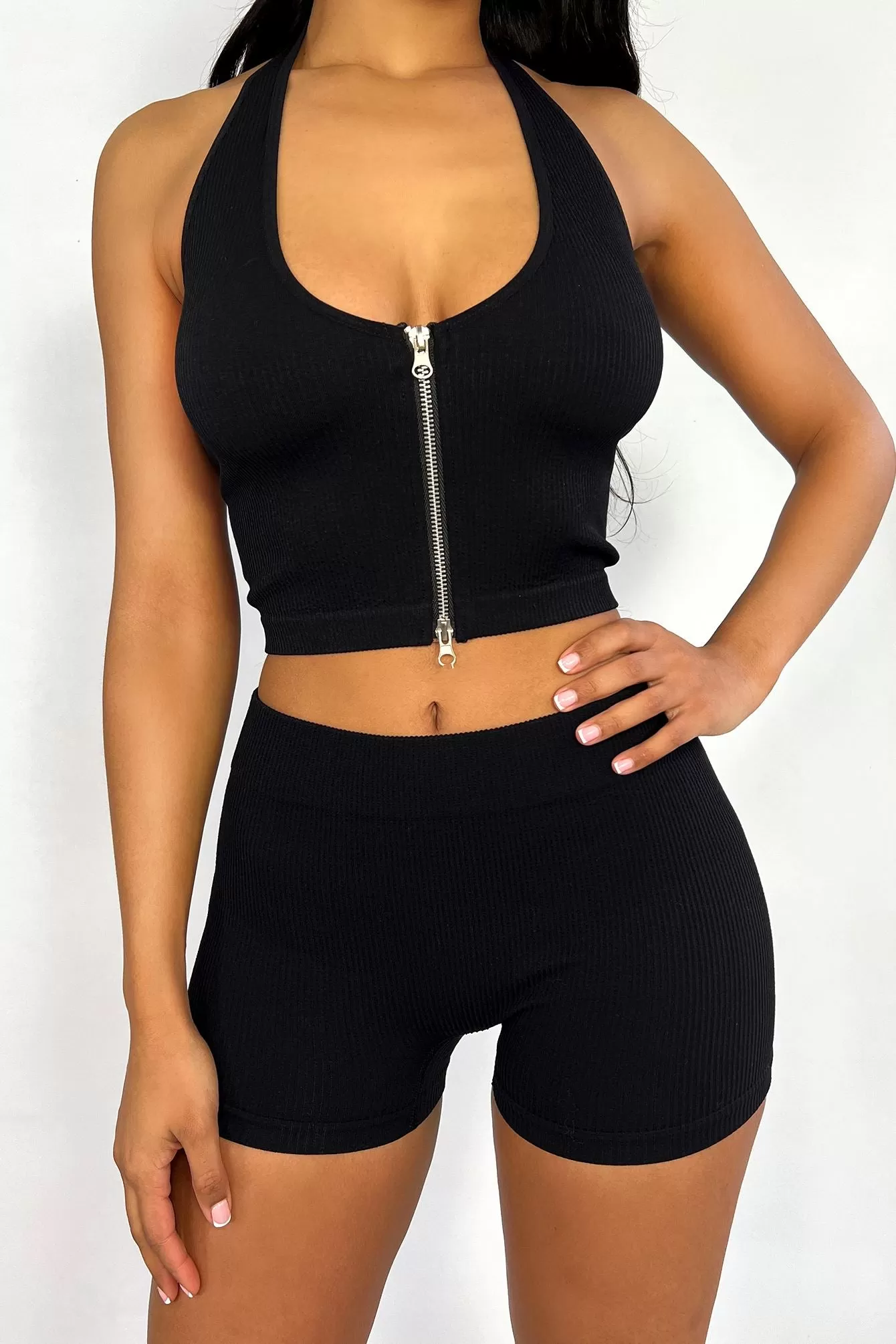 Crossing Paths Two Way Zipper Halter Ribbed Crop Top