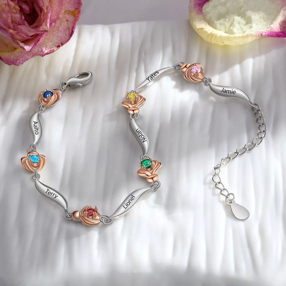 Customized 6 Birthstone Rose Flower Bracelet For Women