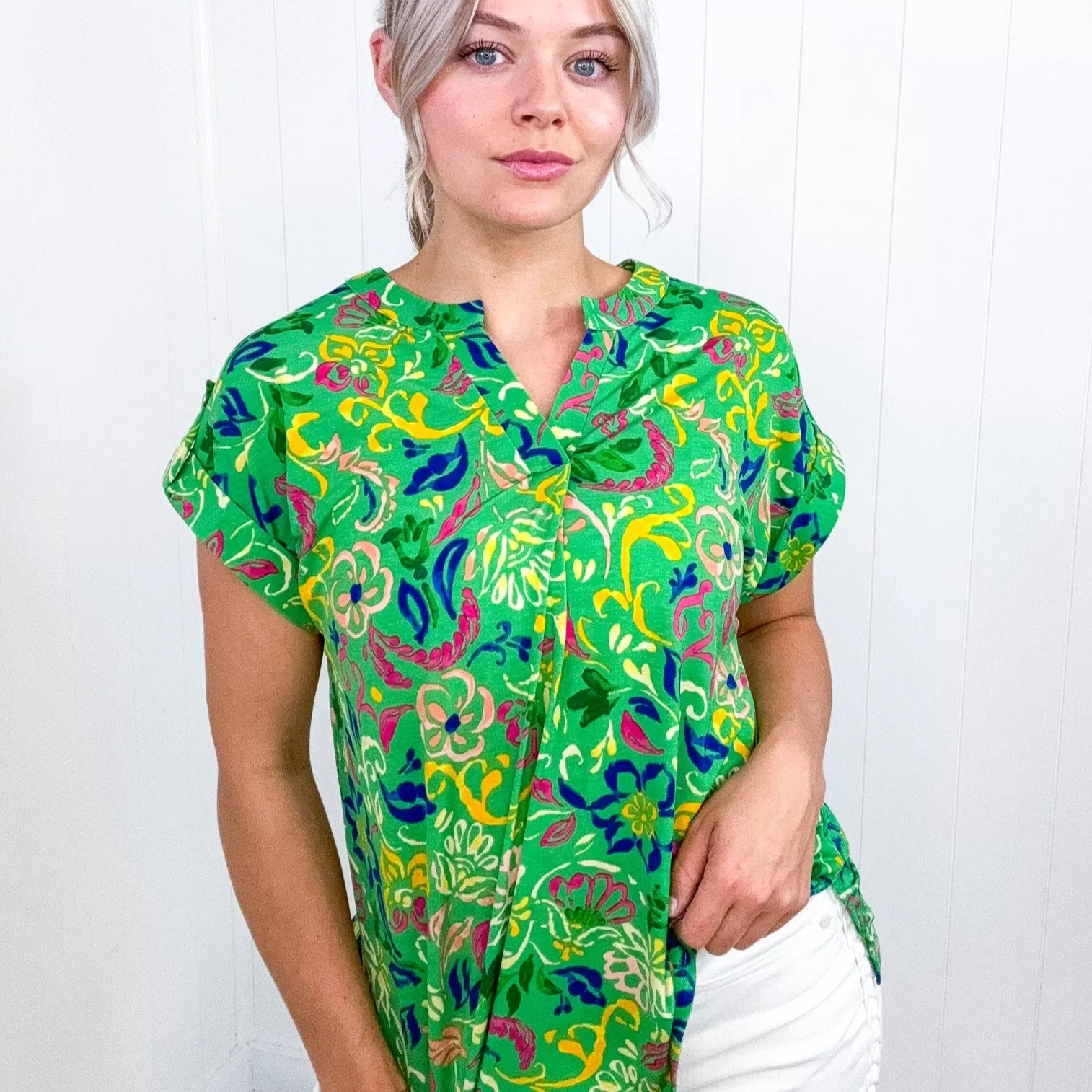 Dear Scarlett Lizzy Cap Sleeve Top in Green and Royal Watercolor Floral