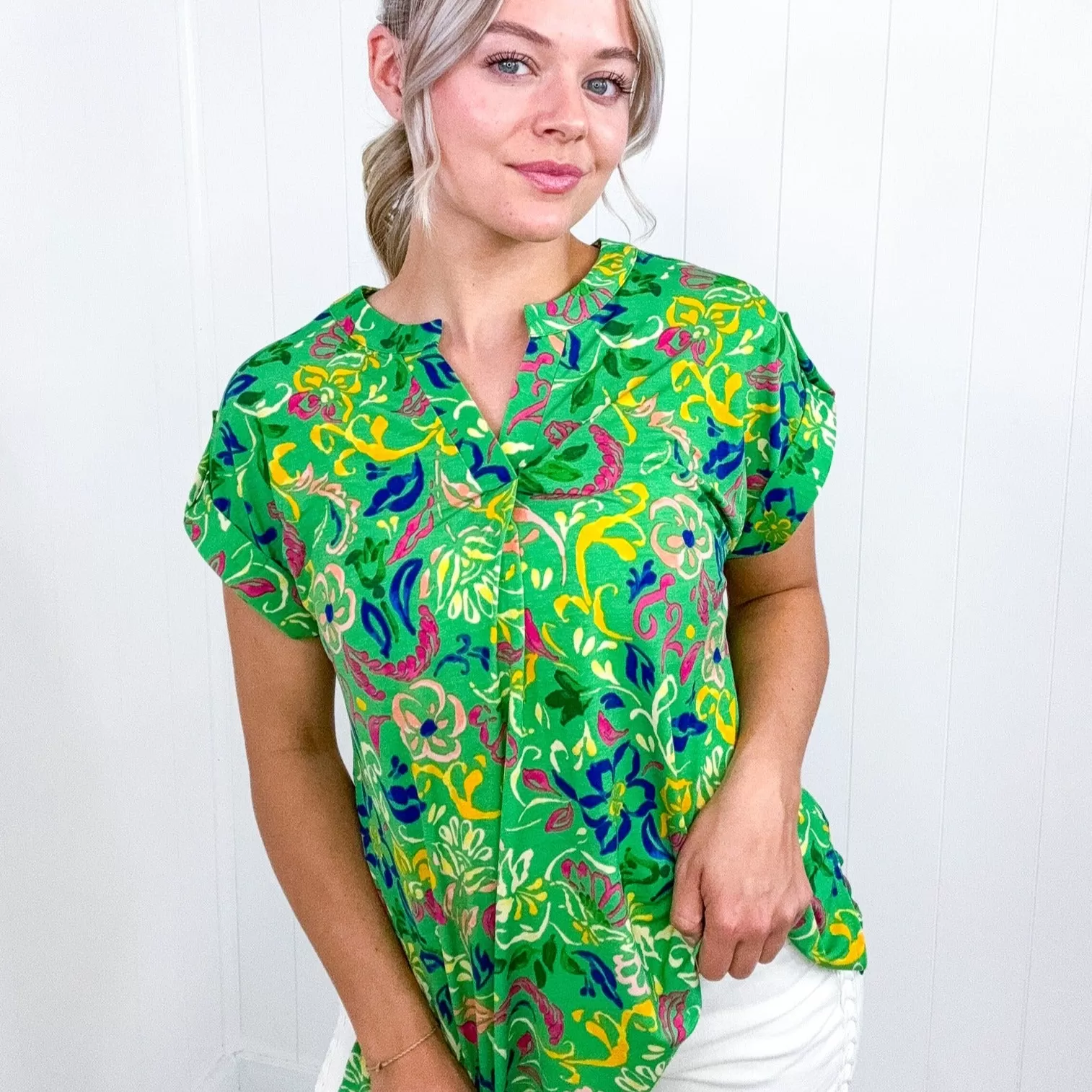 Dear Scarlett Lizzy Cap Sleeve Top in Green and Royal Watercolor Floral