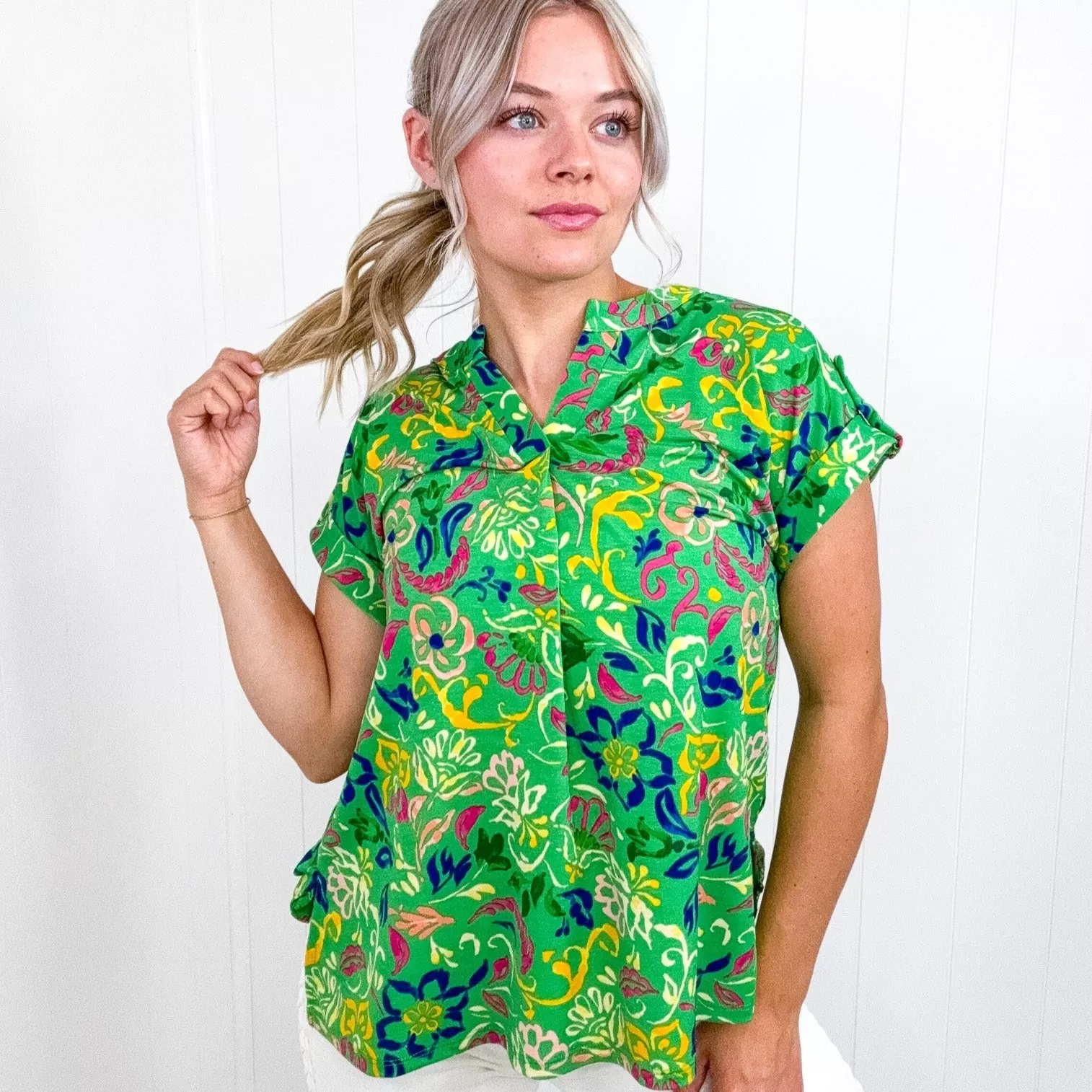 Dear Scarlett Lizzy Cap Sleeve Top in Green and Royal Watercolor Floral