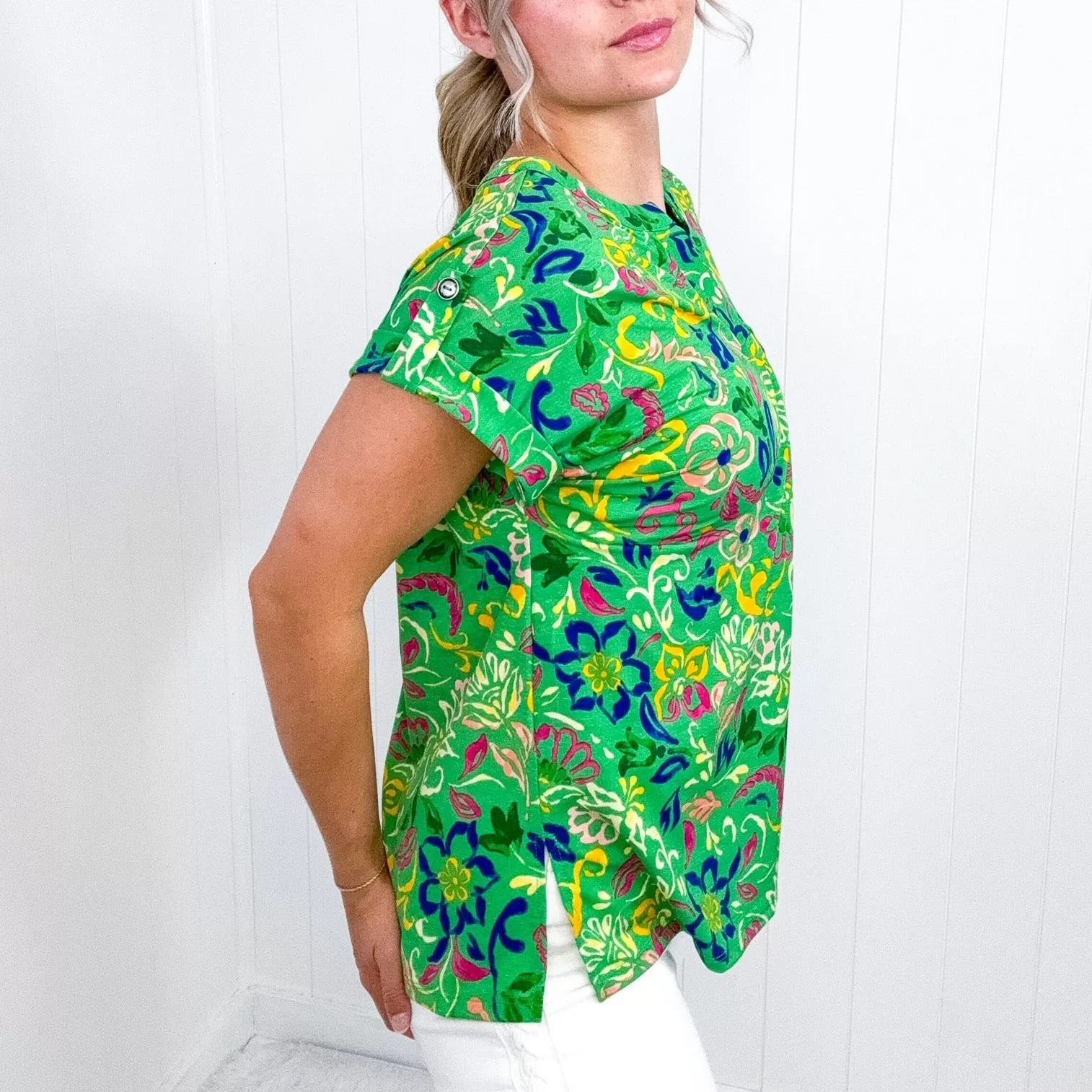 Dear Scarlett Lizzy Cap Sleeve Top in Green and Royal Watercolor Floral