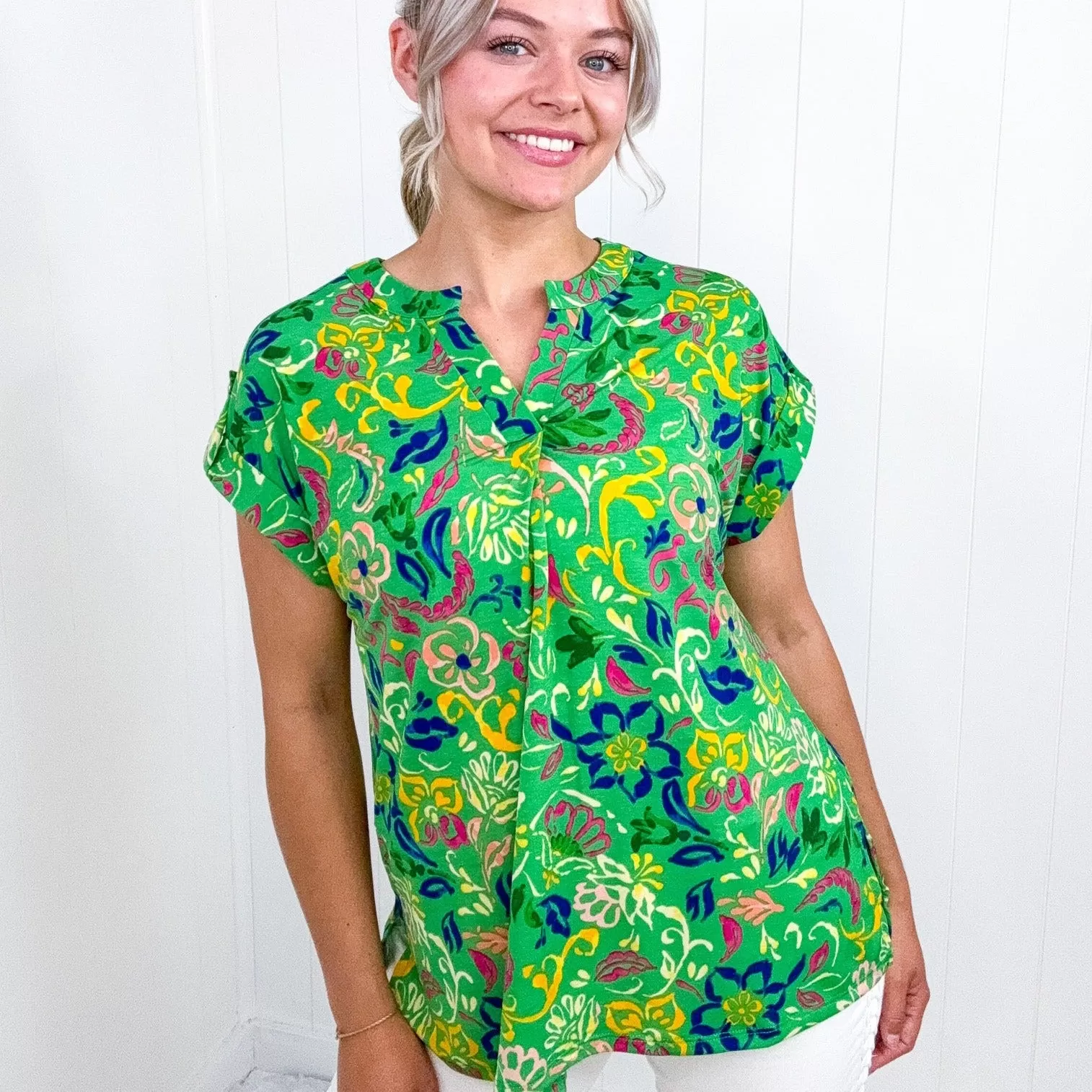 Dear Scarlett Lizzy Cap Sleeve Top in Green and Royal Watercolor Floral