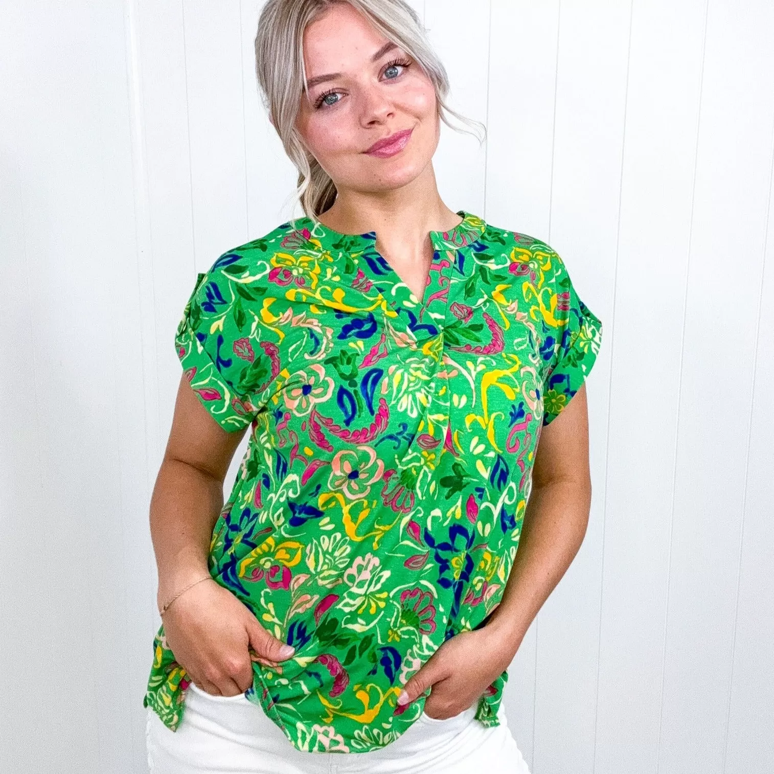 Dear Scarlett Lizzy Cap Sleeve Top in Green and Royal Watercolor Floral