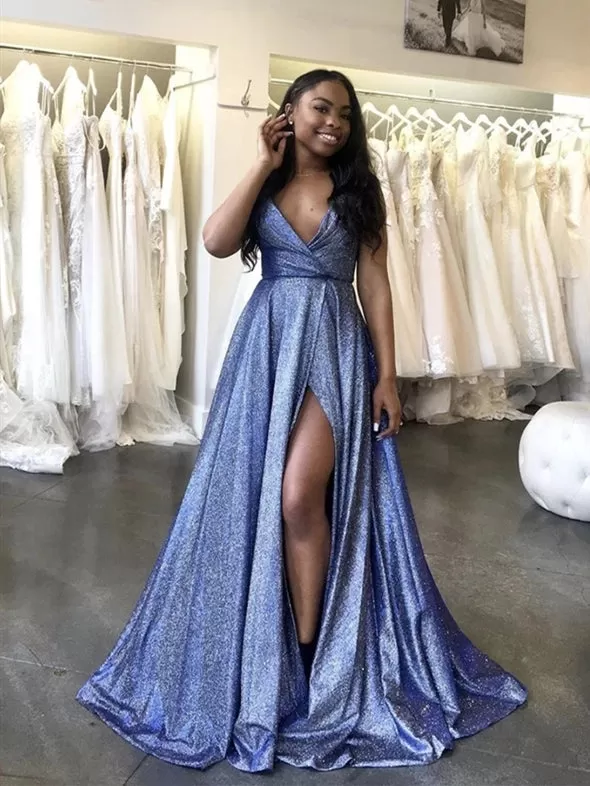 Deep V-neck Long A-line Shiny Satin Prom Dresses, Side Slit Prom Dresses, 2020 Long Prom Dresses