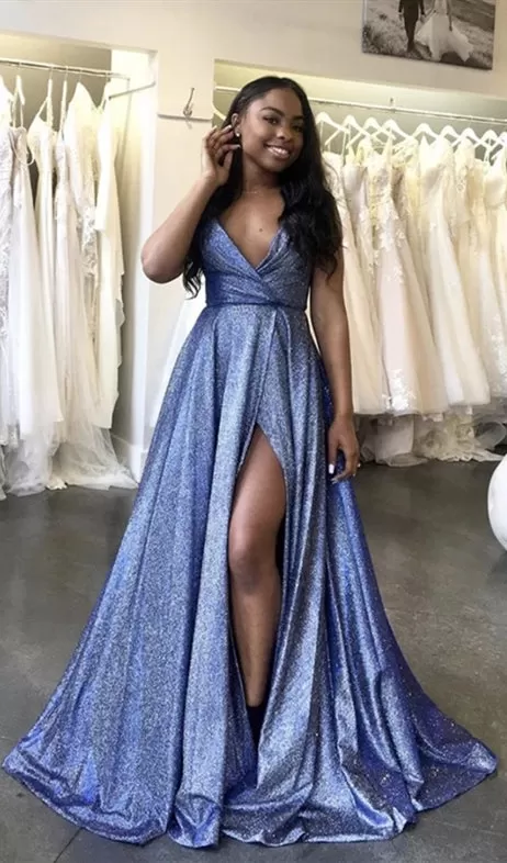 Deep V-neck Long A-line Shiny Satin Prom Dresses, Side Slit Prom Dresses, 2020 Long Prom Dresses