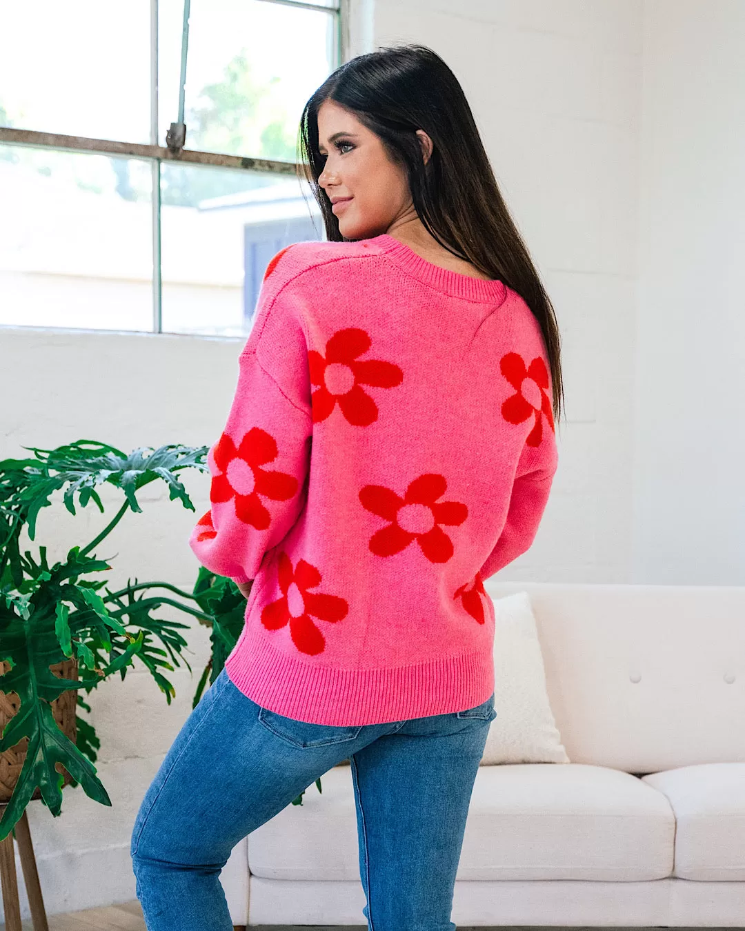 Della Pink and Red Flower Sweater