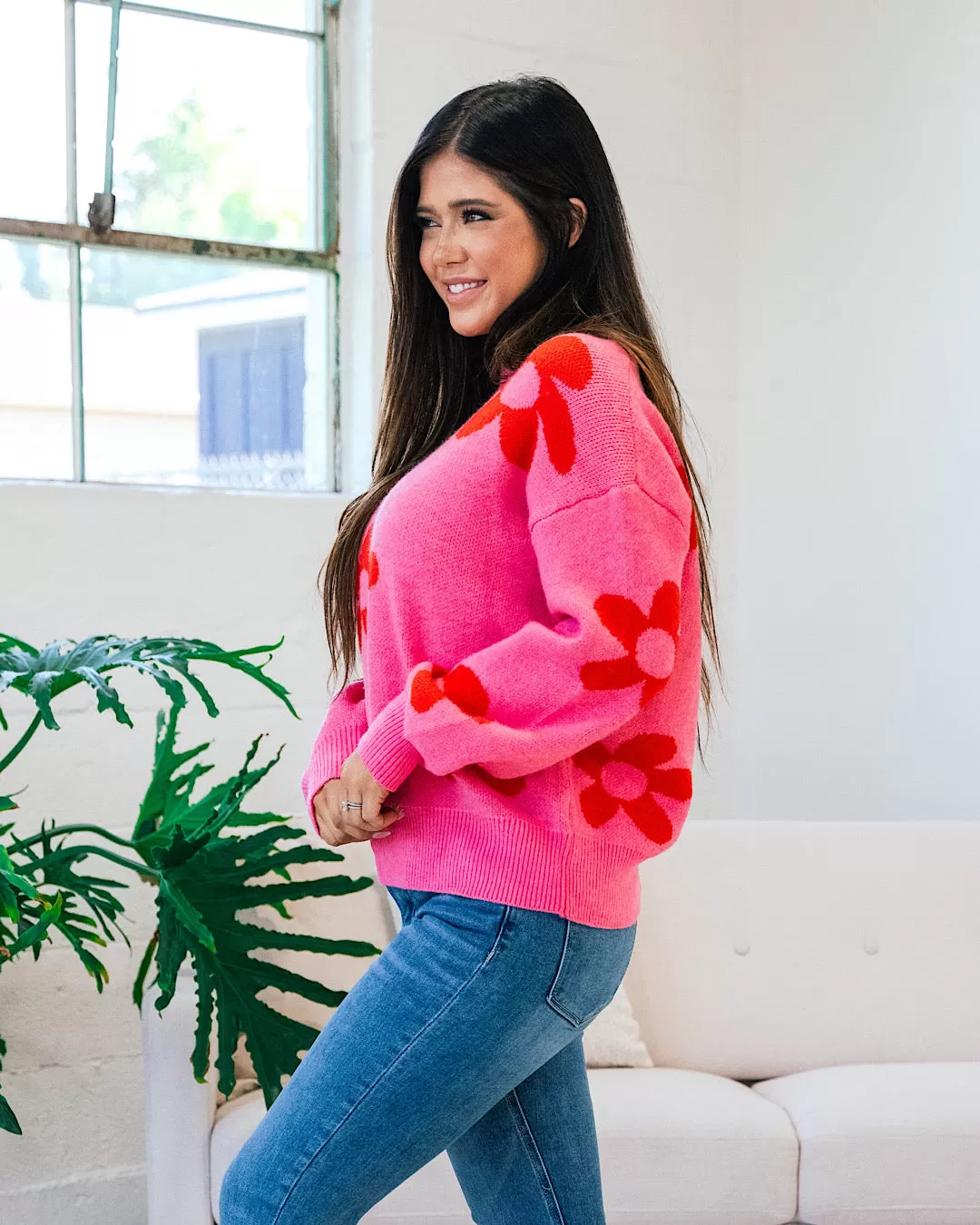 Della Pink and Red Flower Sweater